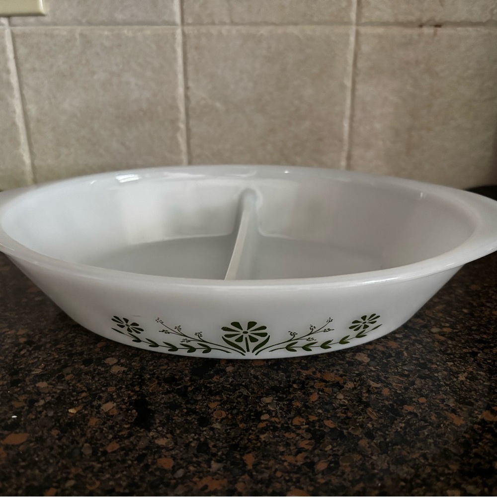Vintage rare Glasbake White Divided Serving Dish with Green Floral Design